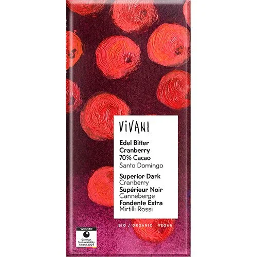 Vivani mørk chokolade med tranebærstykker 70% Øko. - 80 gram