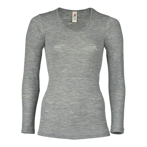 Langærmet bluse, uld/silke, Light grey, str. 42/44