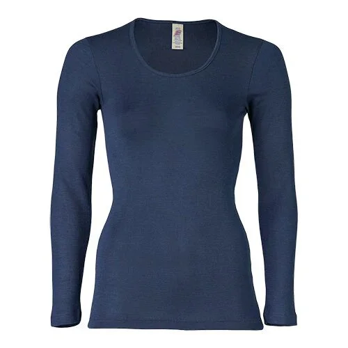 Langærmet bluse, uld/silke, Navy, str. 46/48