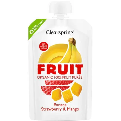 Banan, jordbær & mango frugtpuré Øko. - 100 gram