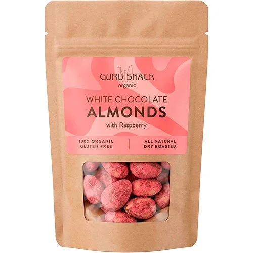 Mandler m. hvid chokolade & hindbær Ø - 100 gram