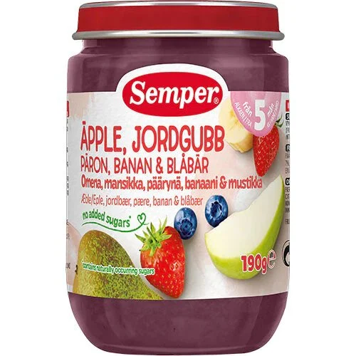 Frugtpure m jordbær,æble,pære,banan & blåbær 5 mdr