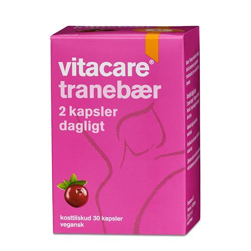 <p>Vitacare Tranebær 30 kapsler indeholder koncentreret tranebærjuice. Produktet er fremstillet som vegicapskapsler, der sikrer et optimalt optag af de aktive stoffer. Kapslerne er designet til at give en bekvem og letfordøjelig måde at indtage tranebær. Inneholder 100% naturlig tranebærjuice, uden tilsat sukker eller konserveringsmidler.  Kapslerne er produceret med fokus på at bevare tranebærrens naturlige egenskaber.</p>

<ul>
  <li>Indhold: Koncentreret tranebærjuice.</li>
  <li>Form: Vegicapsler.</li>
  <li>Antal: 30 kapsler pr. pakke.</li>
  <li>Anvendelse: Anbefales til understøttelse af urinvejers sundhed og forebyggelse af infektioner.</li>
  <li>Aktive stoffer: Indeholder naturligt antra-cyanus, et stof kendt for dets antimikrobielle egenskaber.</li>
</ul>