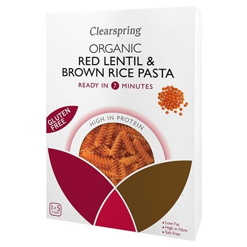 Se Clearspring Røde linser & brune ris fusilli Økologisk 250g hos Duft og Natur