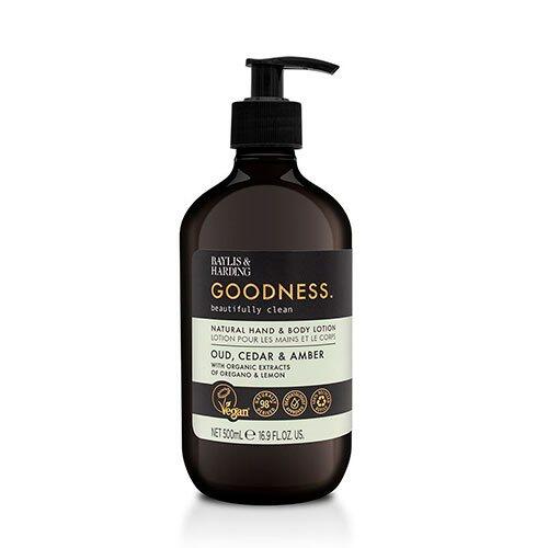 Se Baylis & Harding Goodness Oud, Cedar & Amber Hand & Body Lotion - 500 ml. hos Duft og Natur