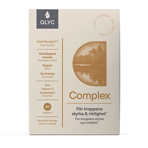 **Glyc Complex - 80 tabletter**

Glyc Complex fra Glyc er din ideelle partner for sunde og fleksible led. Dette kosttilskud er baseret på grønlæbede muslinger, der er rige på glycosaminoglycaner og Omega-3 (EPA, DHA, ETA), som effektivt støtter ledfunktionen. Tilsat hyben og gurkemeje bidrager til at opretholde leddenes bevægelighed og fleksibilitet. Giv dine led den støtte, de fortjener, med Glyc Complex!

- Indeholder grønlæbede muslinger
- Rig på glycosaminoglycaner
- Kilde til Omega-3 (EPA, DHA, ETA)
- Hyben understøtter sunde led
- Gurkemeje fremmer ledfleksibilitet
- Praktisk tabletformat til daglig brug