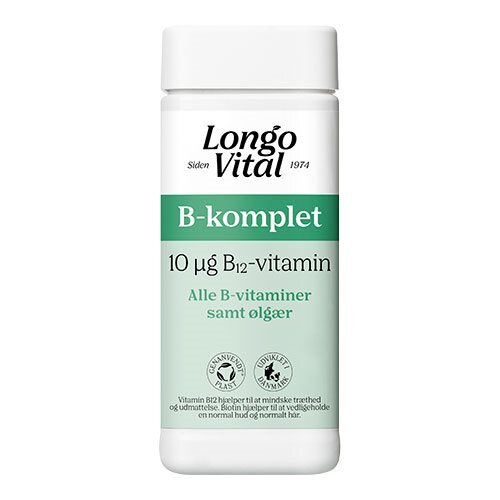 <p>Longo Vital B-komplett 180 tabletter er et kosttilskud indeholdende en omfattende blanding af B-vitaminer. Formuleringen er designet til at støtte kroppens naturlige energiproduktion og bidrage til normale energemetabolismeprocesser. Tabletterne er produceret med fokus på at dække det daglige behov for B-vitaminer, som spiller en rolle i mange essentielle fysiologiske funktioner. Indeholder essentielle B-vitaminer i en letoptageligt format.</p>

<ul>
  <li>Indhold: B-vitamin kompleks (B1, B2, B3, B5, B6, B7, B9, B12).</li>
  <li>Form: Tabletter.</li>
  <li>Anvendelse: Støtter energimetabolismen og bidrager til normale energimetabolismeprocesser.</li>
  <li>Dosering: Anbefalet daglig dosis er angivet på produktpakken.</li>
</ul>