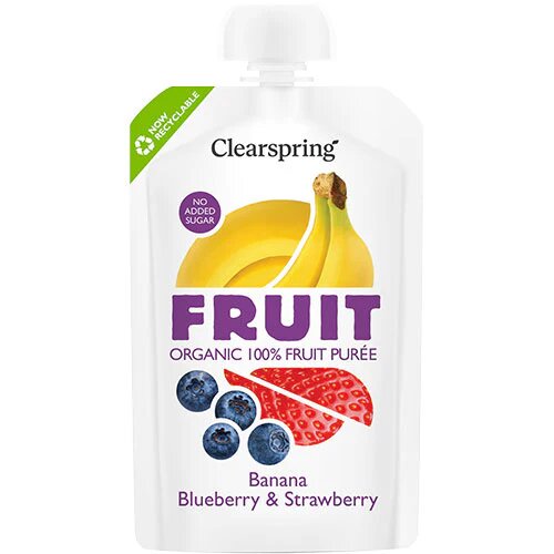 Banan, blåbær & jordbær frugtpuré Øko. - 100 gram