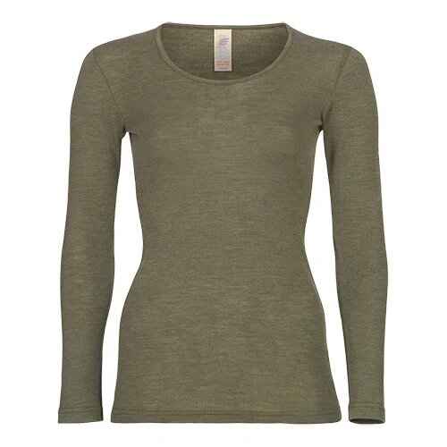 Langærmet bluse, uld/silke, Olive, str. 34/36
