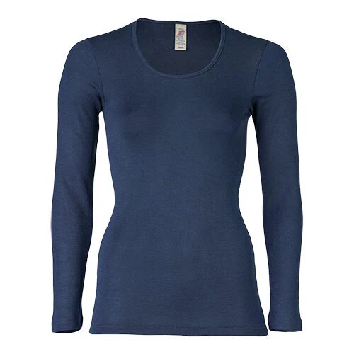 Langærmet bluse, uld/silke, Navy, str. 46/48